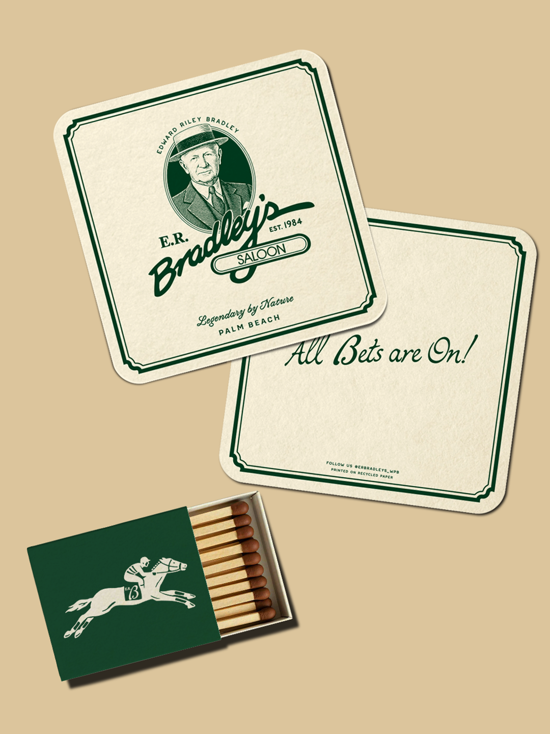 ER Bradley’s branded coasters and matchbook